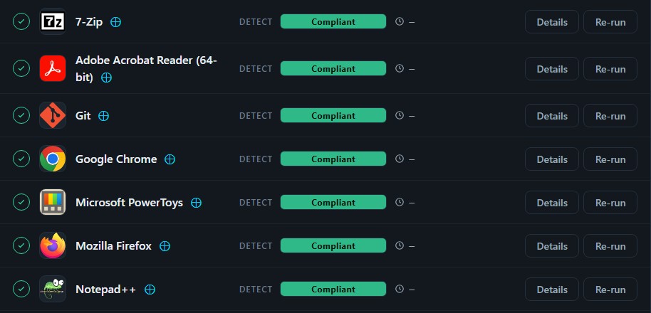 A detection pass: each application read from the computer and marked compliant