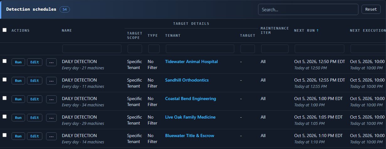 The Schedules screen, listing the schedules that are in place.