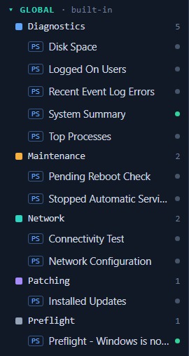 Built-in scripts grouped by purpose: diagnostics, maintenance, network, patching, pre-flight